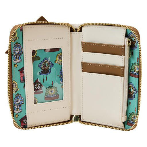 Inside look at the cuckoo clock zip around wallet with an interior lining of cuckoo clocks and four card slots with one clear ID slot.